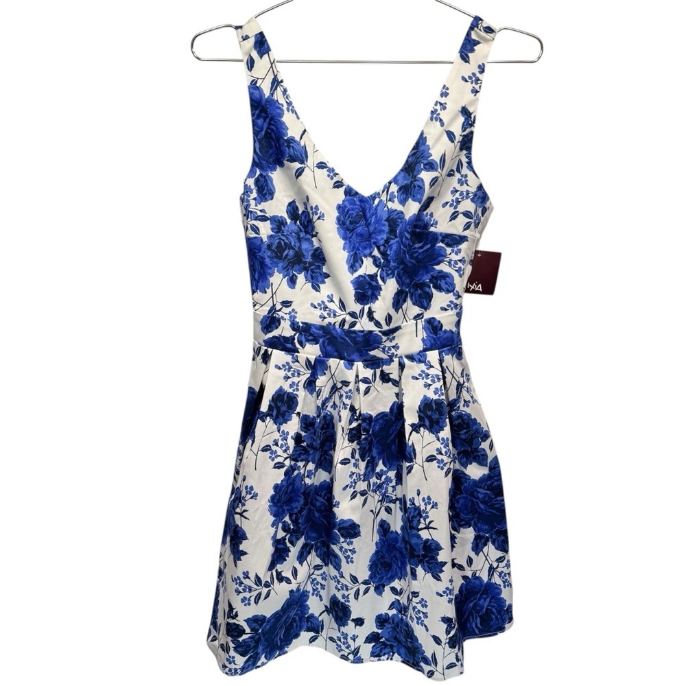 Sleeveless Mini Dress White Blue Roses Pleated Skirt Fit & Flare Ixia ModCloth
